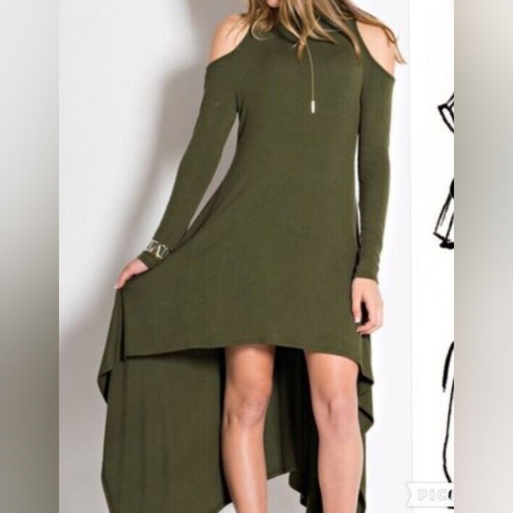 BCBGMaxazria | NWT Cold Shoulder Long Sleeve High Low Dress Forest Green XXS/XS
